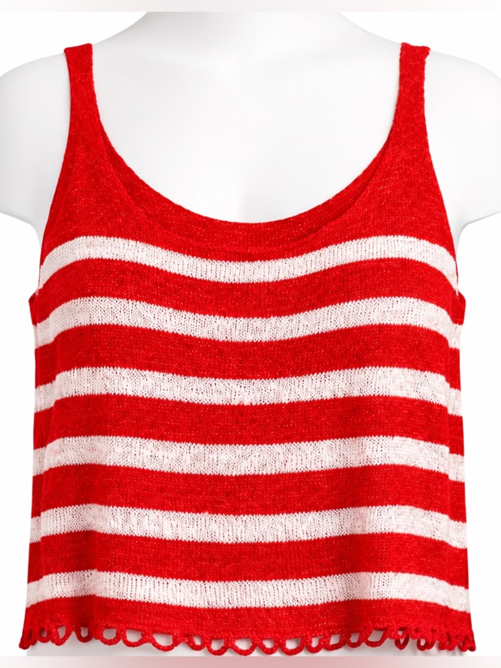 DEE ELLE CROCHET CROPPED TANK RED STRIPED SCALLOP HEM S EUC!